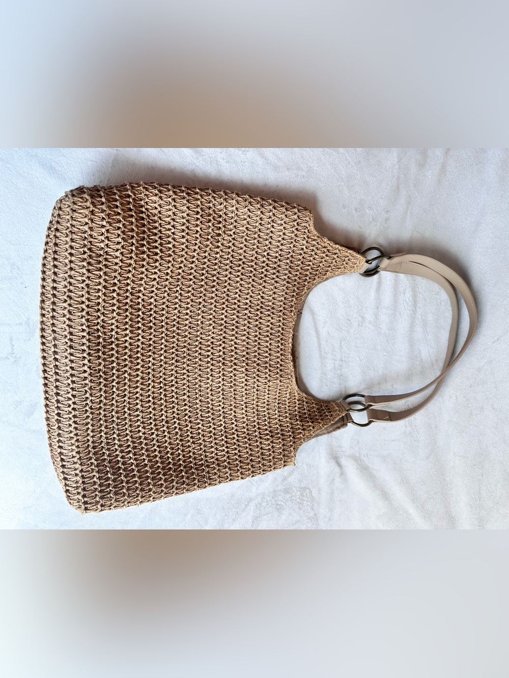 Handwoven Tan Straw Tote with Beige Shoulder Straps